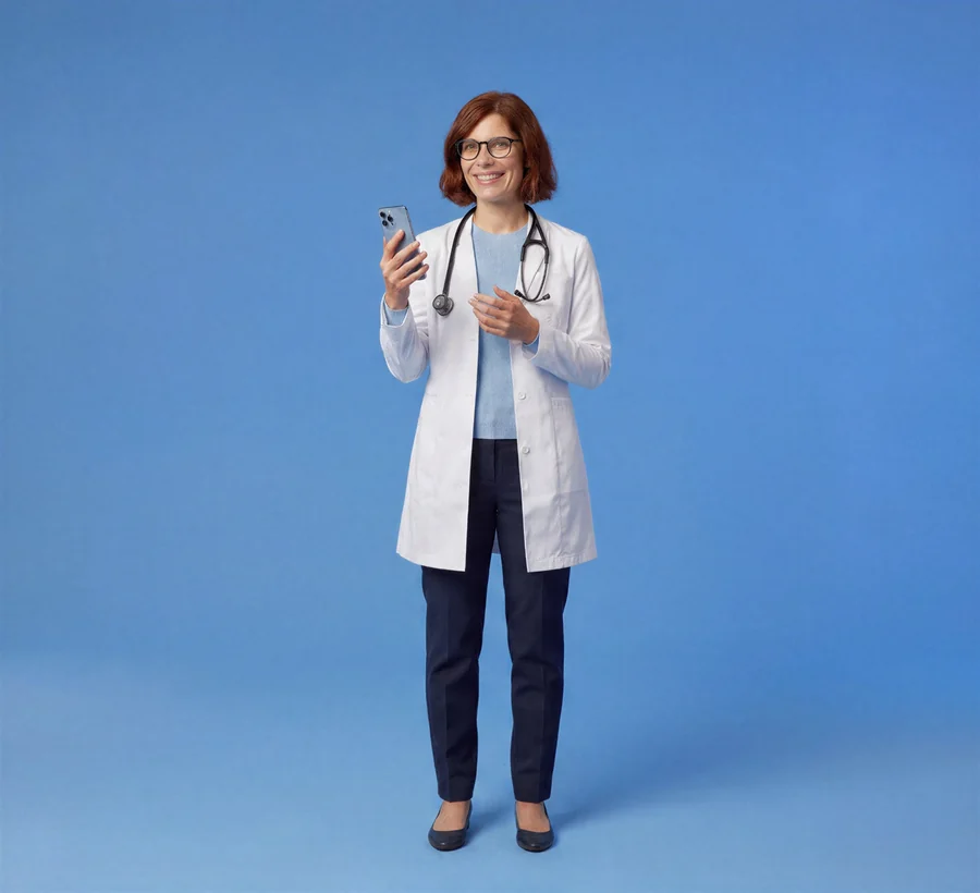 Smiling female doctor in a white coat and stethoscope holding a smartphone against a plain blue background.