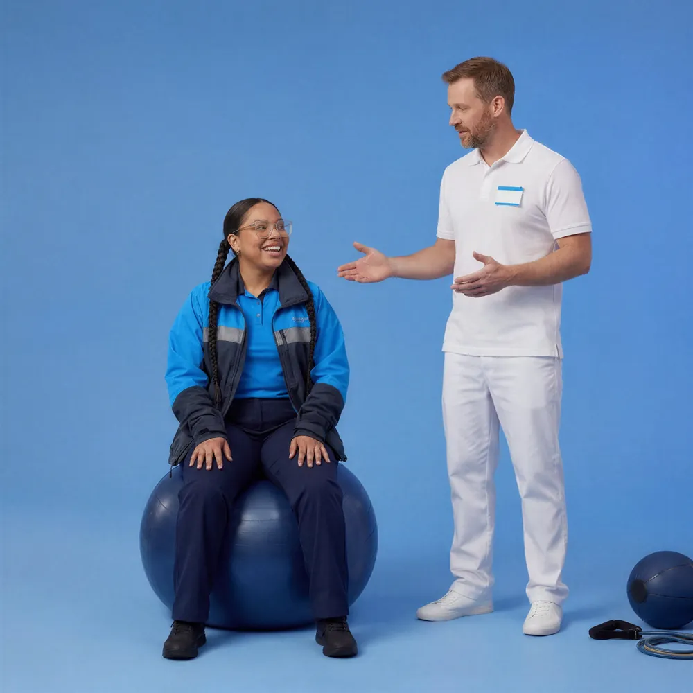 Physical therapist speaks with a smiling worker seated on an exercise ball, with rehabilitation equipment nearby against a blue background.