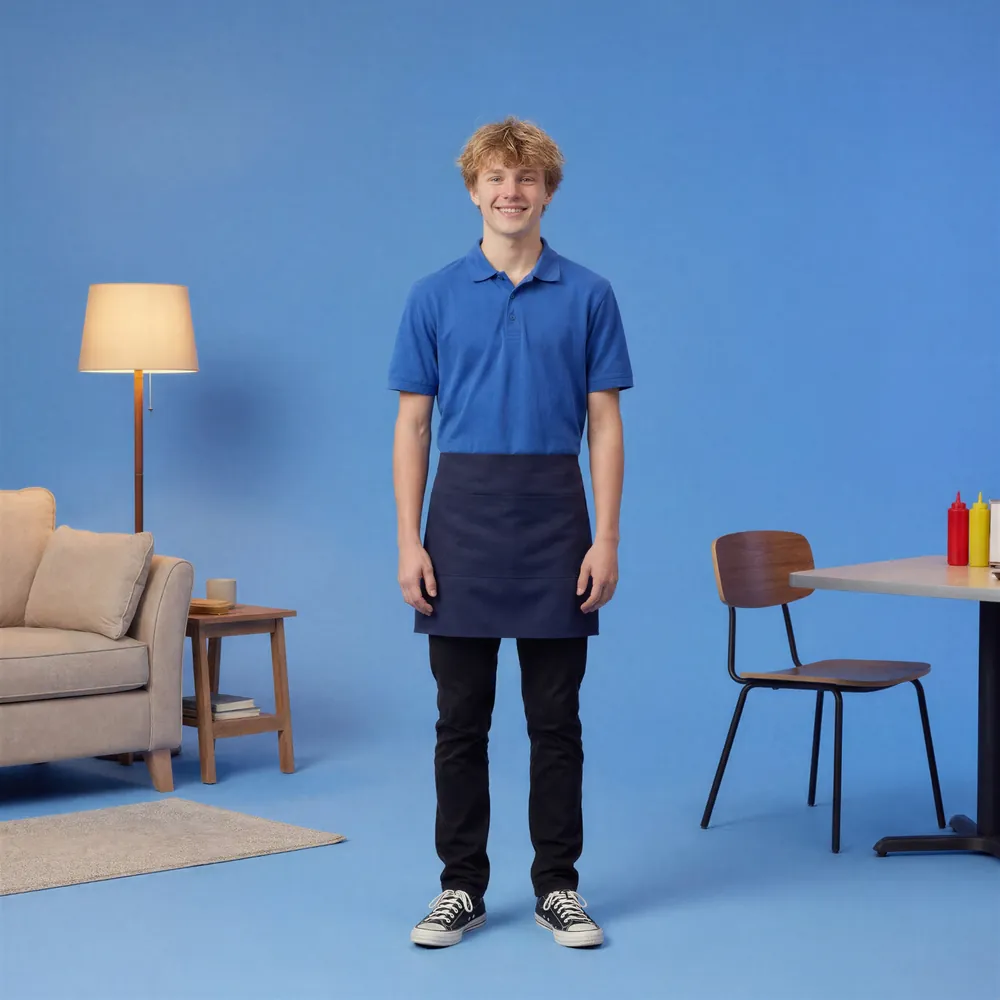 Smiling young restaurant worker wearing a blue polo shirt and apron stands between a living-room seating area and a café table against a blue background.